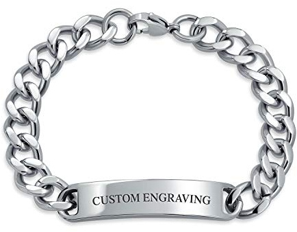 Bling Jewelry Bracelet d'identification personnalisé avec plaque nominative, maillon cubain, pour homme, ton argent, en acier inoxydable, 7,5 pouces, gravure personnalisée.