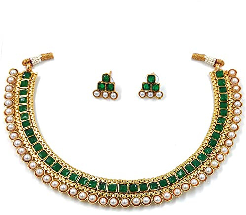 Aheli Ethnic Faux Kundan Pearl Bridal Choker Necklace Indian Traditional Bollywood Bharatanatyam jewellery Set with Earrings Gift for Women Green