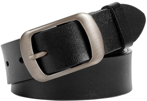 JASGOOD Women Leather Belts for Jeans Pants Fashion Dress Belt for Women with Solid Pin Buckle, Black, M, Fit waist 31-36