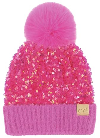 C.C Kids Sequin Fur Pom Beanie for Boys Girls - Comfortable Soft Warm Children Youth Knit Skully Hat with Faux Fur Pom (Hot Pink)