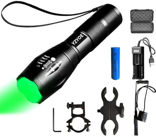 YZYOE Torcia tattica ricaricabile a luce verde,500 iarda verde torcia da caccia Zoomable Hog Predator Lights con Pressure Switch Kit universale Picatinny Rail Mount.