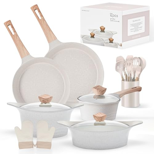 RIOVARM Ensemble de casseroles et poêles à induction en granit antiadhésif avec couvercle Sans PFOA Essentiels de cuisine avec Casserole Groupe Spatule
