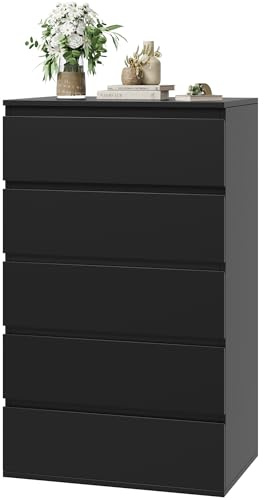 FOREHILL Black Chest of Drawers Bedroom Storage Cabinet with 5 Drawers Tall Chest of Drawers Dresser Wooden Cupboard Bedroom Furniture for Living Room 60x40x100cm