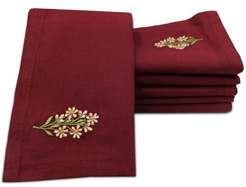 Encasa XO Servilletas de Tela, Algodón Bordado 17x17 Flor Granate