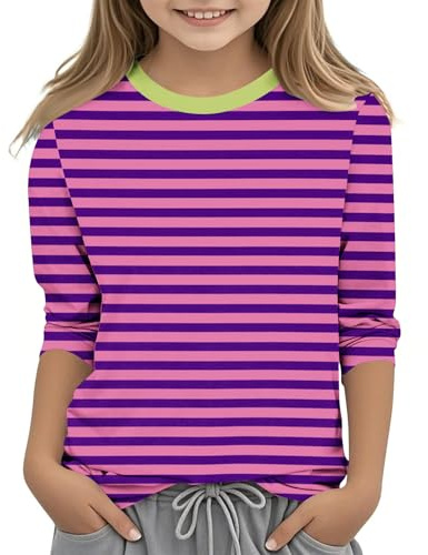 Camiseta Niña Ofertas,Camiseta Manga Larga Niña Basica Cuello Redondo Estampado de Rayas Camiseta Niños Camisetas Informales Manga 3/4 Blusa Lindo Camisa Ligero Casual Pullover Adolescentes 3-11 Años