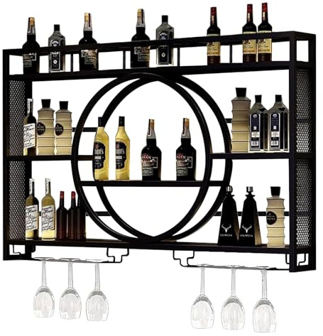 YUZINO Wine Rack Wall Mounted, 120cm Wall Wine Rack With Wine Glass Holder, 3-Tiers Iron Bar Shelves Cabinet, Wine Racks For Home Cupboard, Restaurant, Bar Display Liquor Bottles