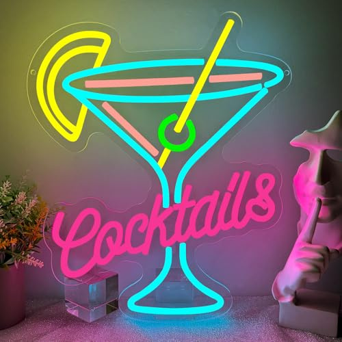 Cocktail Cartel de Neón,Cóctel Letrero LED Lights Decoracion para Bar Club Party Fête Restaurante Cocina Comedor,Bar Luz Regulable Regalos para Hombres Mujeres Alimentado por USB（15*12.6）