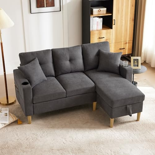 Bladez Divano a forma di L con chaise longue - Divano angolare a 3 posti con vano portaoggetti e portabevande, divano reversibile con 2 cuscini, divano in lino di cotone per soggiorno, ufficio e