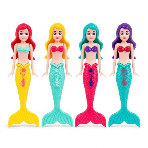 AURALIN Dykleksak sjöjungfru 4 stycken, sjunkande poolfigurer i rött, grönt, gult, dykspel för pooler, undervattensspel, apporteringsspel & sommarsimträning
