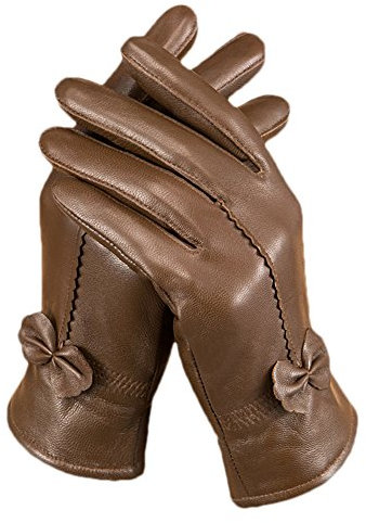 Butterme Luxury Ladies weichen Schaffell Lederhandschuhe mit Bowknot-Stich-Entwurf Fleece Futter PU Leder Fäustlinge Braun