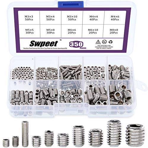 Swpeet Assortiment de 350 vis à tête hexagonale en acier inoxydable, y compris 10 tailles M3/4/5/6/8, vis hexagonales internes en acier inoxydable pour poignées de porte