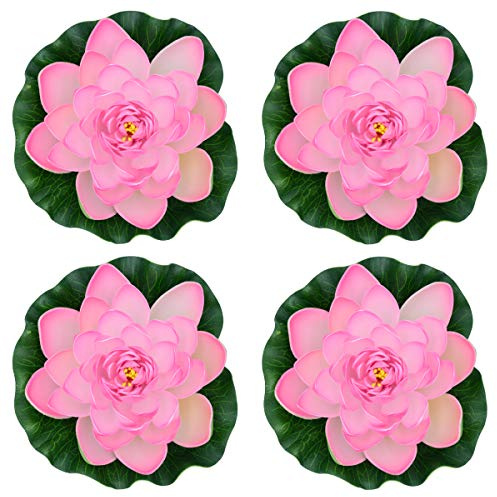 Famgee 7 Inches Artificial Lifelike Floating Foam Lotus Flower Water Lily for Garden Pond Decor, Set of 4 (Pink)