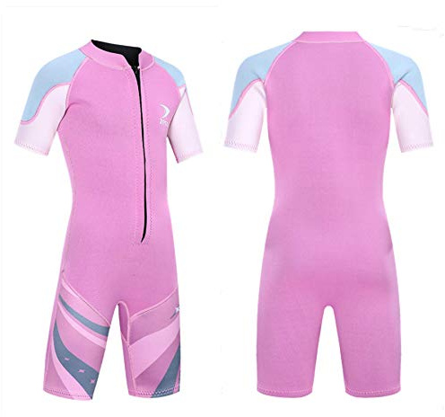 ZCCO Kids Shorty Wetsuit 2.5mm Neoprene Suit, Short Sleeve One Piece Youth Boy/Girl Suit for Swimming, Surfing, Diving Water Sports(DK-PK- L)
