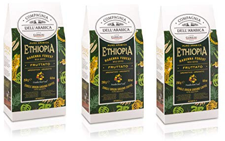 Caffè Corsini Compagnia Dell'Arabica, Etiopia 100% Arabica, Caffè Torrefatto E Macinato Soave E Profumato, Monorigine Etiopia, 250 g, Confezione da 3