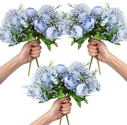 6 Pack Artificial Flowers, Fake Peony Silk Hydrangea Bouquet Decor Plastic Carnations Daisy Realistic Flower Arrangements Wedding Decoration Table Centerpieces,for Home Office Party Decor (Blue)