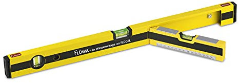 FLÜWA Wasserwaage mit Flügel 60 cm | Mit aufgedrucktem Winkelmesser (45° & 90°) & magnetischer Unterseite | Ausklappbarer Flügel zum gleichzeitigen Nivellieren in zwei Richtungen