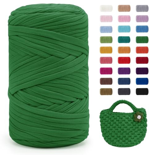 Uiopa Grass Green T-Shirt Yarn, 400g/120m Elastic Fabric Crochet Cloth T Shirt Yarn, Chunky Hand Knitting Polyester Ribbon for Crocheting Bags/Baskets/Rugs, Home Decor, DIY Crafts