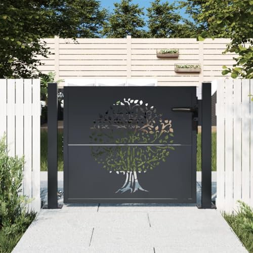 Homgoday Garden Gate, Metal Gate, Garden Gate, Fence Door, Entrance Gate, Yard Gate, Single Gate, Double Gate, Garden Fence, Anthracite, 105 x 105 cm, Steel Tree Design