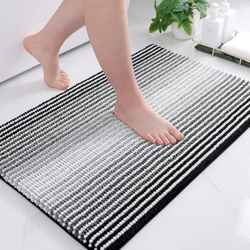 OLANLY Chenille Badezimmerteppich Weich Saugfähige Badematte rutschfest Badteppich Mikrofaser Badvorleger Waschbar Duschvorleger für Badezimmer - 60 x 90 cm, Schwarz