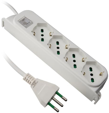 Ekon multipresa a ciabatta con 4 porte, per spine italiane, per prese schuko, spine europee, cavo da 1.5m, spina italiana 10A, interruttore luminoso, bianco