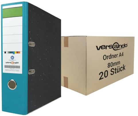 versando 20x breiter Premium Ordner DIN A4 Rücken 8cm Aktenordner Ringordner - Blauer Engel zertifiziert - türkis (1 Karton)
