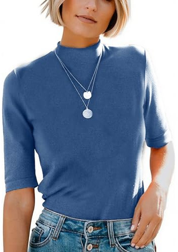 Dressmine Women's t-Shirts High Neck Tops Basic Clothing Casual Mock Turtle Dressy Slim Fitted 3/4 Sleeve Cute Tunic Blouse Blue Size 12
