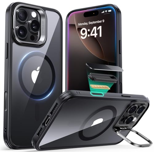 ESR for iPhone 16 Pro Max Case, Compatible with MagSafe, Military-Grade Protective Case, Built-In Stash Stand Phone Case, Scratch-Resistant Back Cover, Classic Series, Clear Black