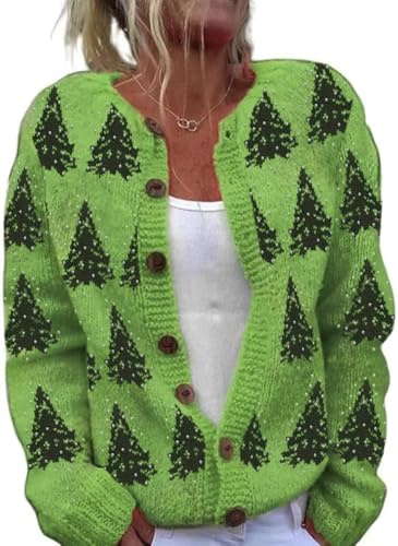 Women's Funny Fall Winter Long Sleeve Christmas Tree Xmas Button Knit Cardigan Sweater Vintage Knitted Outerwear(Christmas Tree-Green,M)