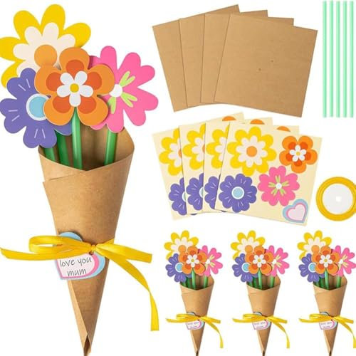 24 Set Blumenstrauß Bastelset DIY Blumenpapier Basteln Muttertag Dankbares Geschenk Machen Sie Ihren eigenen Blumenstrauß Grußkarten für Muttertag Geburtstag DIY Schule Zuhause Aktivitäten