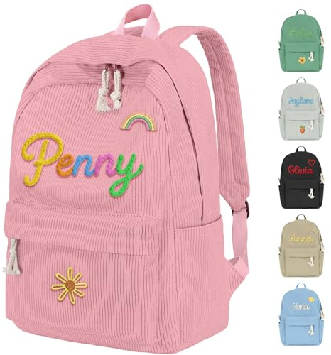 Mochila personalizada para niñas y niños, mochila de pana con nombre y bonito icono, mochila escolar para niños, Rosa, 15*11*4.7 inches / 38*28*12 cm, Mochilas Tradicionales