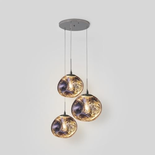 Alpinaluz Lámpara Colgante Triple – 3 Esferas de Cristal Violeta Metalizado con Efecto Magma – Portalámparas E27 – Diseño Decorativo Moderno para Salón o Comedor