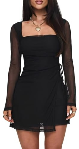 Remxi Women Mesh Long Sleeve Short Dresses Y2K Square Neck Wrap Bodycon Dress Cocktail Party Mini Dress Black S