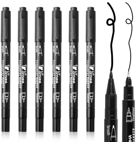 6 Pack Black Marker Pen Dual Felt Tip Pens Set Waterproof Black Sharpie Pen Colouring Pens Permanent Fineliner Biro Pen for Adults Children Art Drawing Sketching Dooding Marking Glass Stone Wood