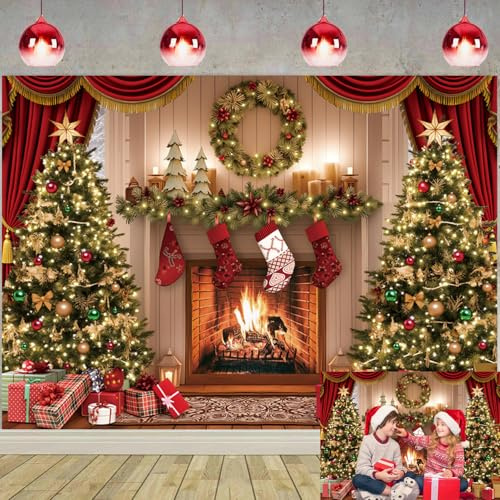 Toile de fond sur le thème de la cheminée de Noël, rideau rouge vintage, arbre de Noël, fond de photographie, arrière-plan d'hiver, Noël, fêtes de famille, décorations de fête bannière, accessoires