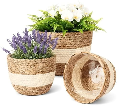 ALAYSTAR 3pcs Wicker Plant Basket with Liner – 3 Sizes Seagrass Woven Natural Planter Baskets for Indoor Outdoor Plants, Flowers & Home Decoration