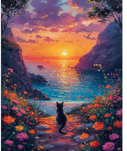 Fountor Sunset Landscape Paint by Numbers for Adults Without Frame 40x50 CM | Cat DIY Acrylic Painting by Numbers for Adults, Stress Relief Craft Kits, Home Wall Decor Gift, Mountain Lake Scenery