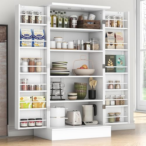 Jehiatek 120cm Kitchen Pantry Cupboard,Freestanding Larder Storage Cabinet with Adjustable Shelves,Door Racks,Magnetic Doors & Anti-Tip Kit,White Utility Cupboard for Kitchen Dining Room Bathroom