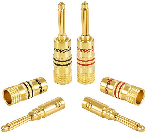 POPPSTAR 4x fiches bananes haut de gamme, pour câbles d'enceintes (jusqu'à 4 mm²), haut-parleurs, hi-fi, récepteur et amplificateur AV, plaqué or 24 carats (2x noir, 2x rouge)