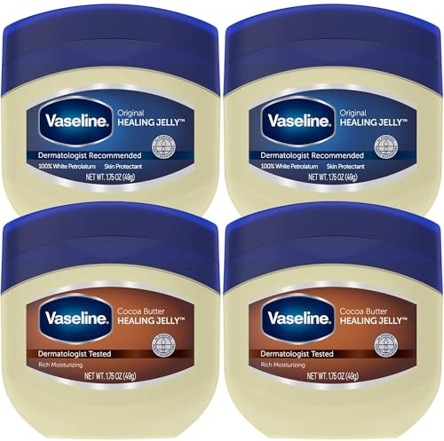 Vaseline Original & Cocoa Butter Healing Jelly Travel-Size Variety 4-Pack – Rich Moisturizing Ointment, Skin Protectant for Soothing Cracked, Dry Skin, 1.75 Oz Ea