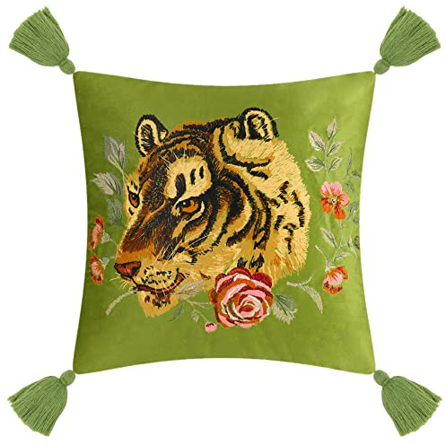 JWH Tiger Velvet Throw Pillow Cover Decorative Flower Embroidered Accent Cushion Case Print Pillowcase for Bed Living Room Couch Bedroom 18x18 Inch Green Tassel