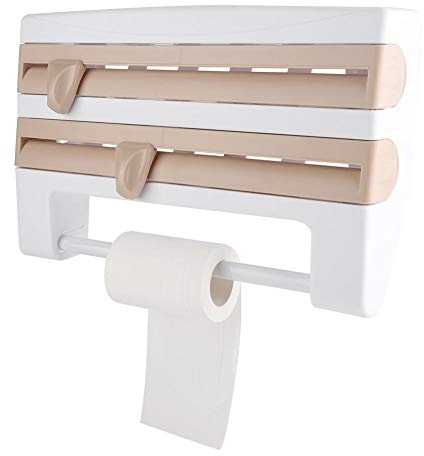 Wandrollenhalter, Frischhaltefolie Halter Schneidabroller Folienschneider Küchenrollenhalter mit 3 Rollenhaltern Papierrollenhalter mit Spezialmesser für Folien, 39 x 10 x 24 cm(Khaki)