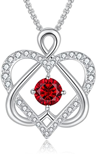 Praelinos Love Heart Birthstone Necklaces for Women 18K White Gold Plated Pendant 5A Cubic Zirconia Silver Tone Valentines Mother's Day Jewellery Gift for Women Mum Wife Girlfriend (Garnet)