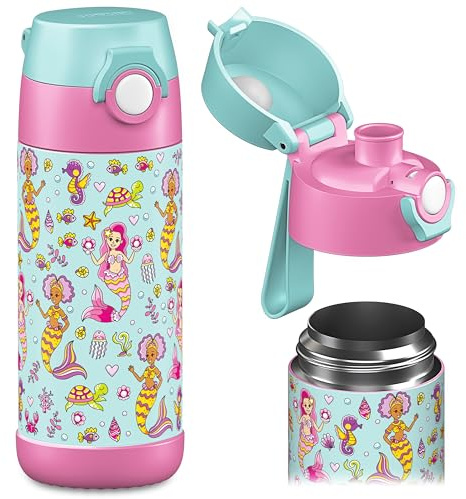 Jarlson® Gourde Enfant CHARLI [350ml] - Bouteille Isotherme Anti Fuite sans Paille pour Garçons & Filles - Sans BPA & Phthalates - Gourde Inox pour École, Maternelle & Sport (Sirène)