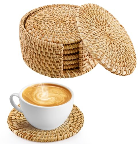 6pcs Natural Handmade Rattan Coasters with Holder - Wicker Drink Coasters Set for Protecting Table, Housewarming Gifts Boho Summer Home Coastal Decor