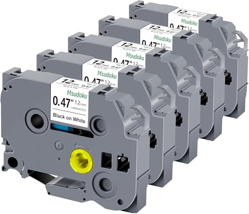 5x Msudoku TZ band 12mm 0.47 laminerat vitt TZe-231 ersättning för Brother etikettskrivare TZe231 TZ-231 TZ231 svart på vitt 1/2 kassettband för P Touch PTD200 PTD410 PTH110, 12mm x 8m | TZe231 TZ-231 P-Ttouch-tejp 12 mm svart på vitt, kompatibel med Brother PT-D200 D410 D200 PT-H110 PT-e100 1000