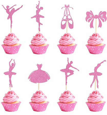 Arthsdite 24pc Pink Glitter Ballerina Tutu Cupcake Toppers - Ballet Girl & Slipper Picks for Ballet Theme Parties - Cake Decoration Supplies