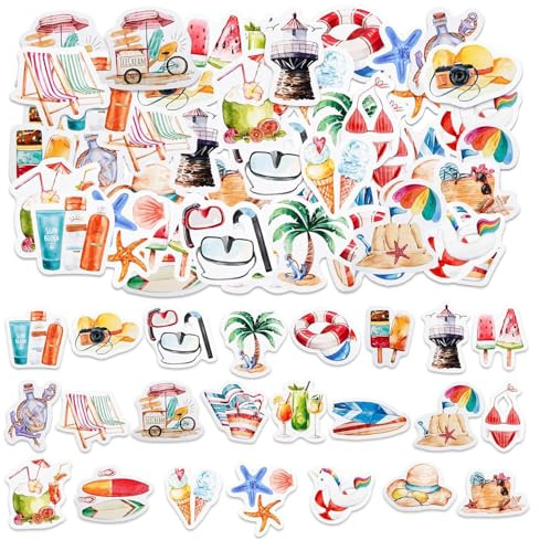 46 PCS Holiday Stickers for Scrapbooking, Summer Hawaii Beach Stickers, Surfing Stickers, Waterproof Vinyl Stickers Ocean Themed for DIY Crafts, Laptops, Journal, Gifts for Adult, Child