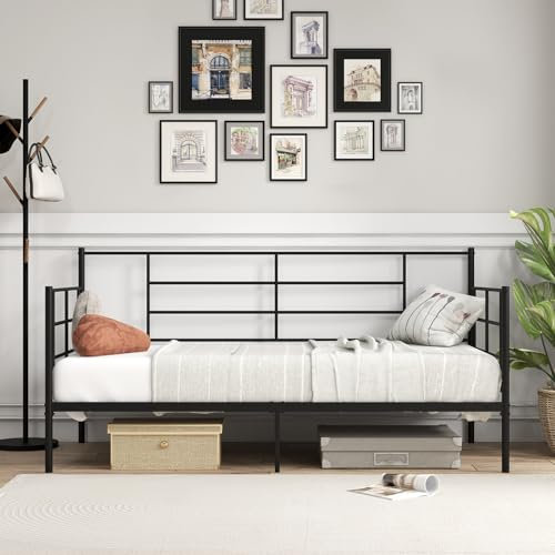 RELAX4LIFE Single Metal Day Bed, 3FT Bed Frame Home Guest Sofa Bed with 28cm Underbed Storage Space, Heavy-duty Metal Slats Support Platform Bed for Living Room Bedroom, No Box Spring Needed