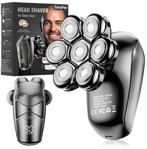 Glatzen Rasierer Herren, EenaPey Elektrischer Kopfrasierer IPX7 Wasserdicht, Nass-und Trockenkopfrasierer, 5 in 1-Multifunktionsset, 90 Minuten Lange Akkulaufzeit