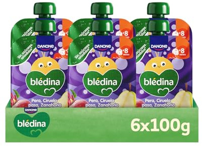 Blédina Bolsitas de Pera, Ciruela pasa, Zanahoria y Remolacha para Bebé. Pouch 100% Fruta y Verdura, Sin Azúcar Añadido y Alto Contenido Vitamina C, Fuente de Fibra. Desde los 8 Meses, Pack 6x100g